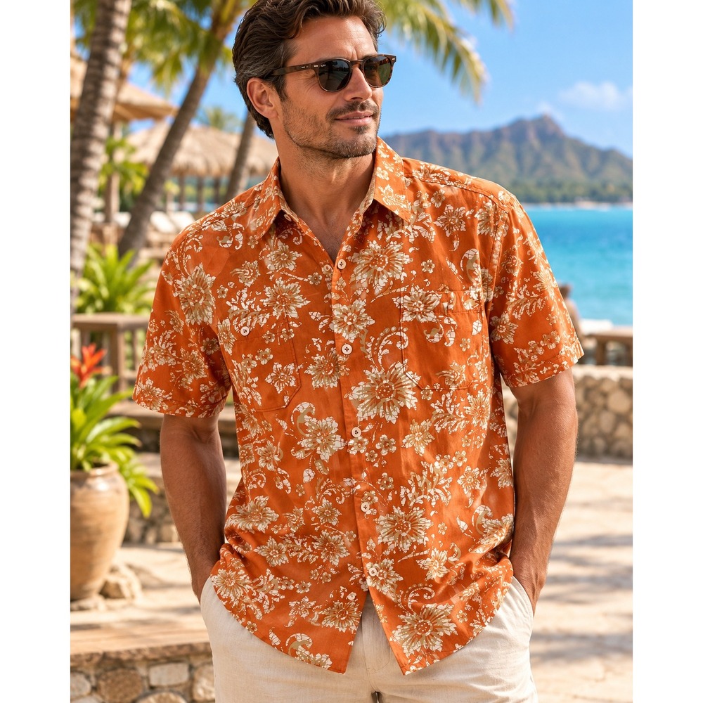 Tommy Bahama Shirt Mens XL Burnt Orange Excellent Floral Silk Blend Button Up
